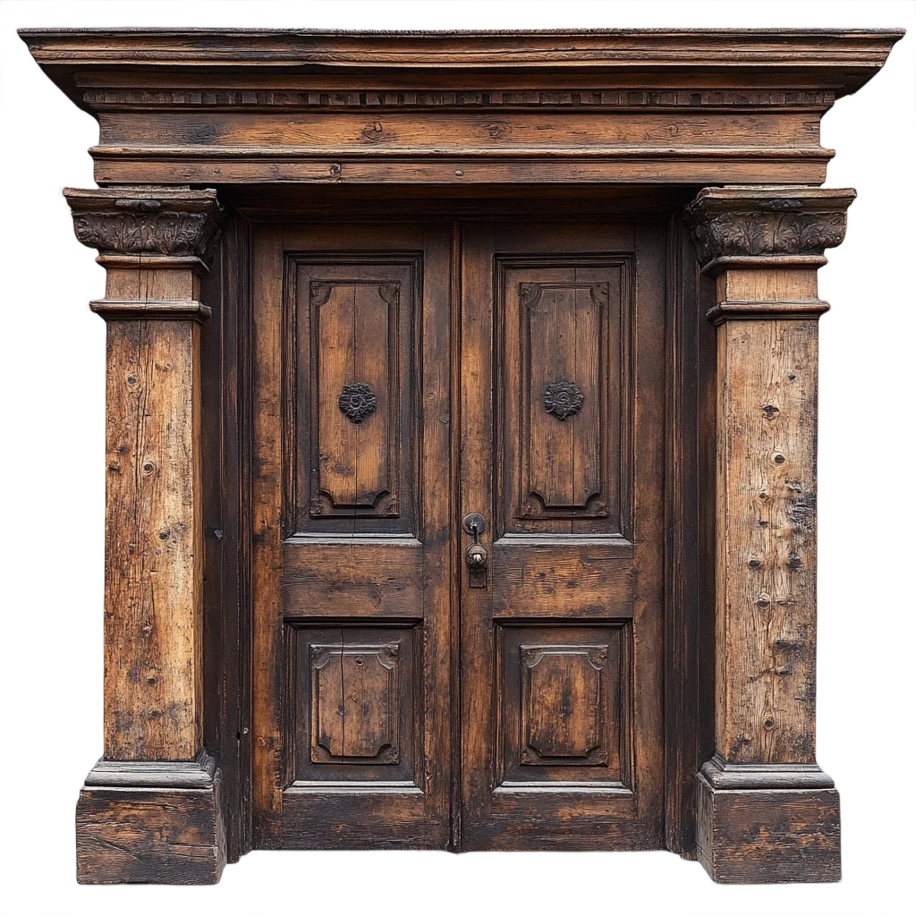 Antique Carved Wooden Door with Stone Frame Free PNG