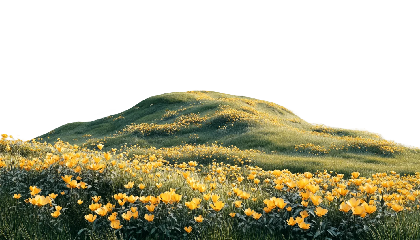 Sunlit Grassy Hill with Wild Yellow Meadow Flowers Free PNG