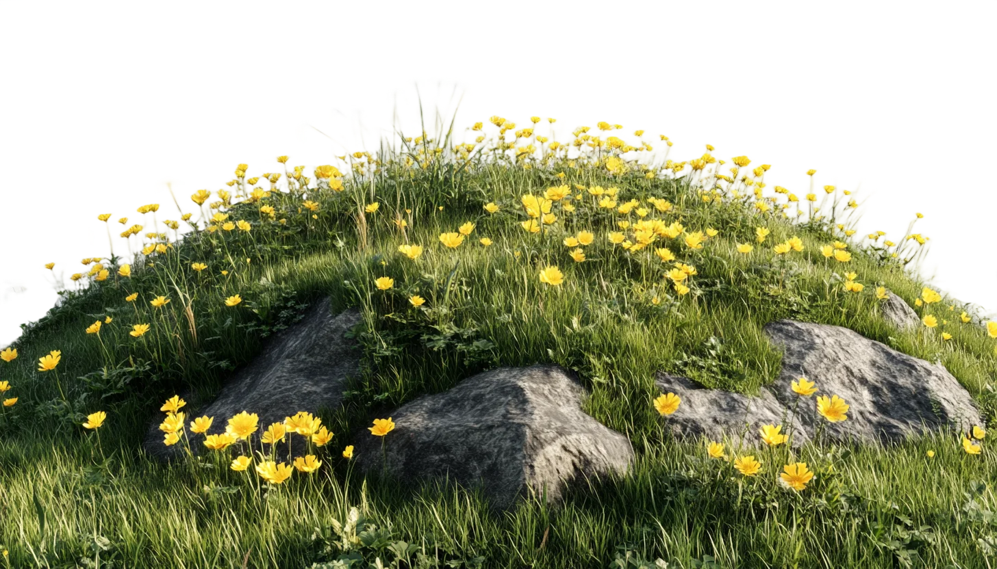 Green Grassy Mound with Yellow Spring Flowers Free PNG