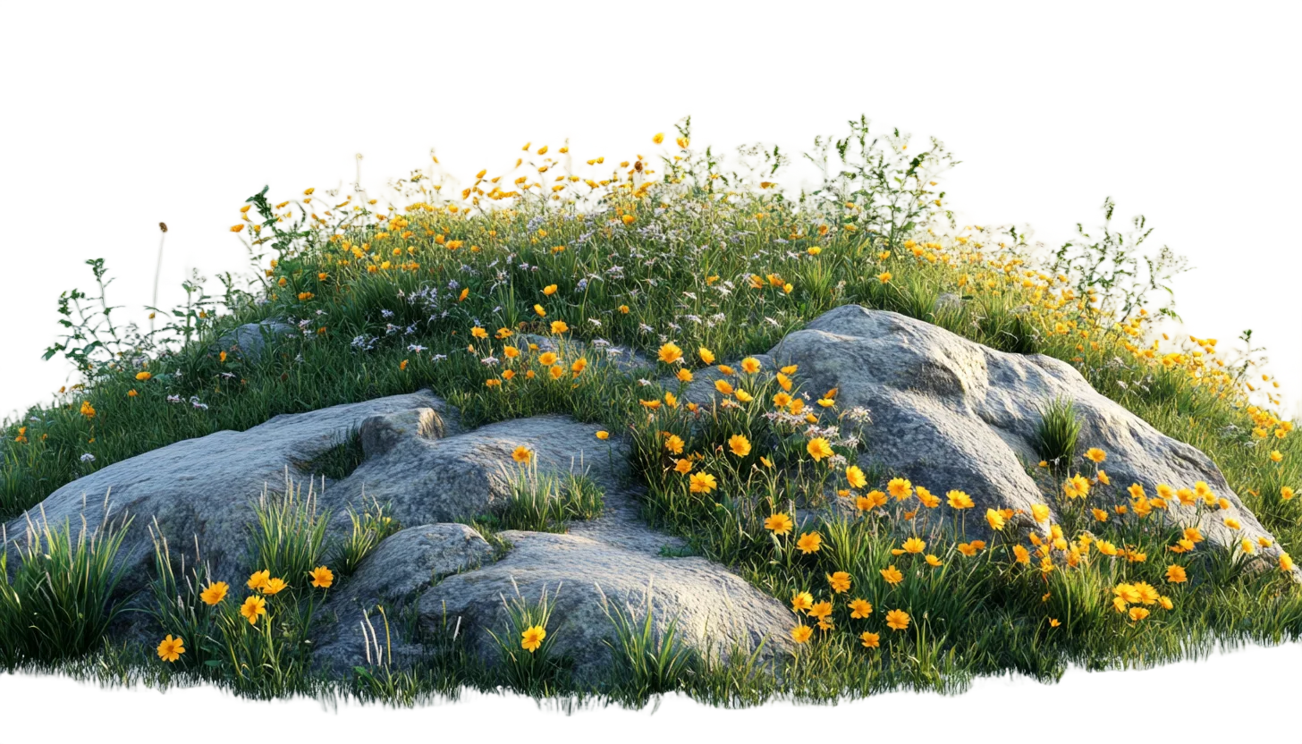 Rocky Meadow Ground with Blooming Wildflowers Free PNG