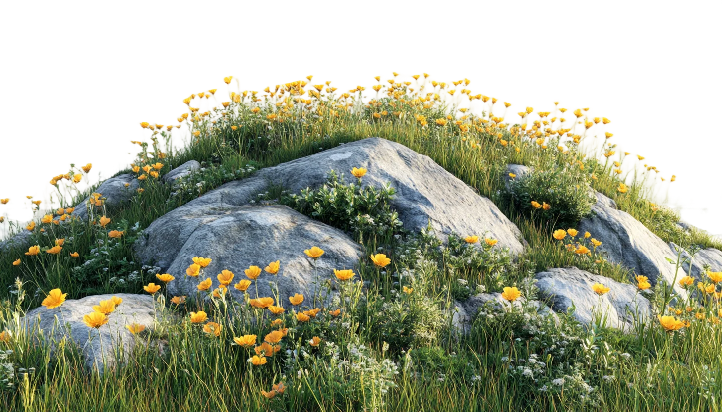Grassy Hillside Rocks with Yellow Wildflowers Free PNG