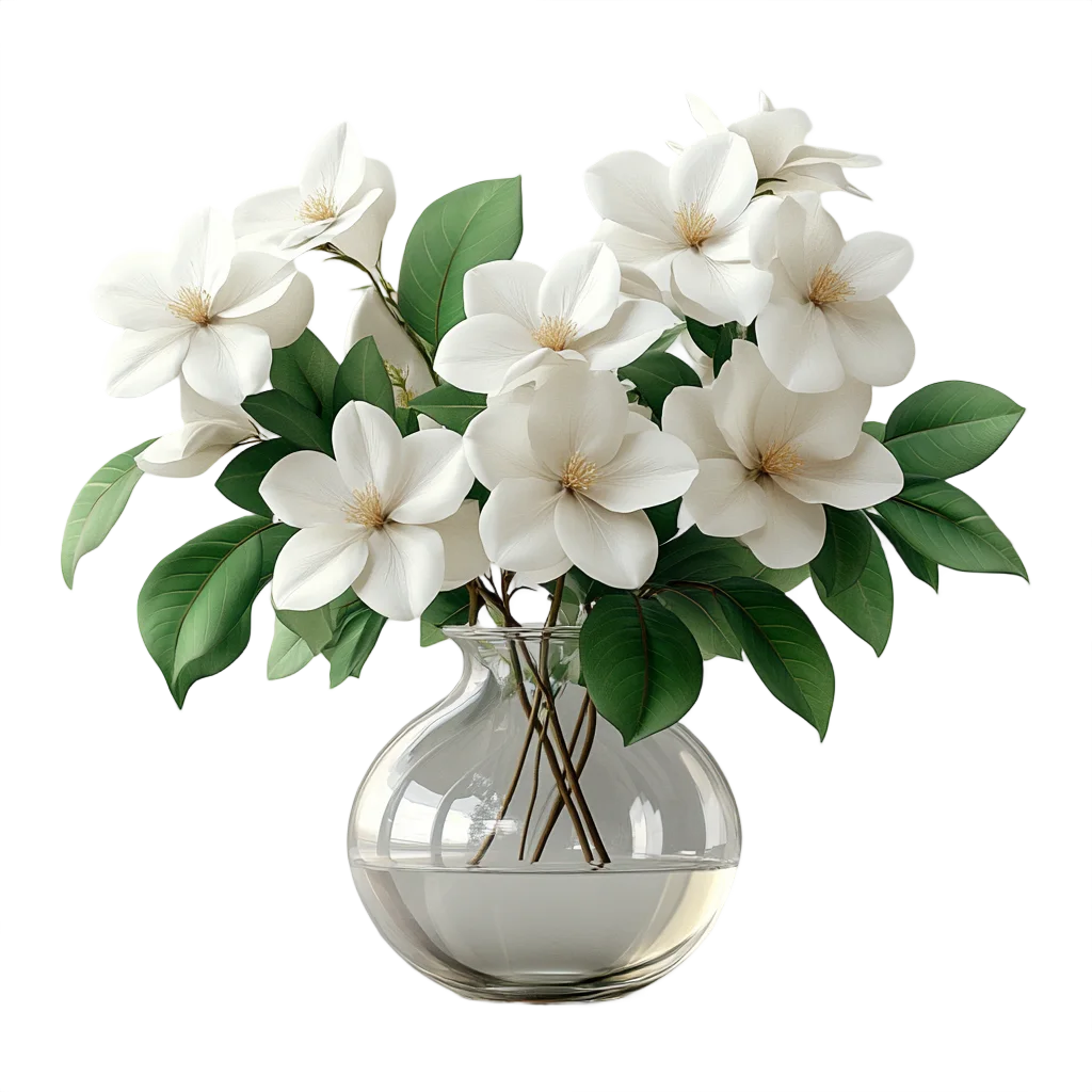 White Apple Blossom Floral Bouquet in Glass Vase Free PNG