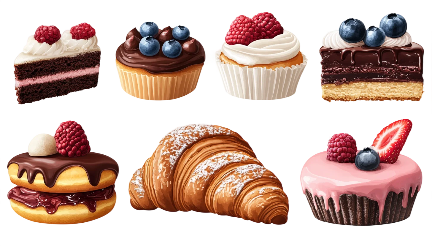 Bakery Pastries Croissant and Sweet Cupcakes Free PNG