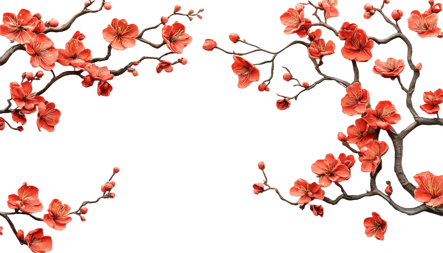 Red Plum Blossom Floral Branch Border Free PNG