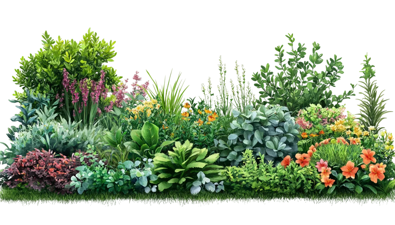 Green Garden Bush with Wildflowers Border Free PNG
