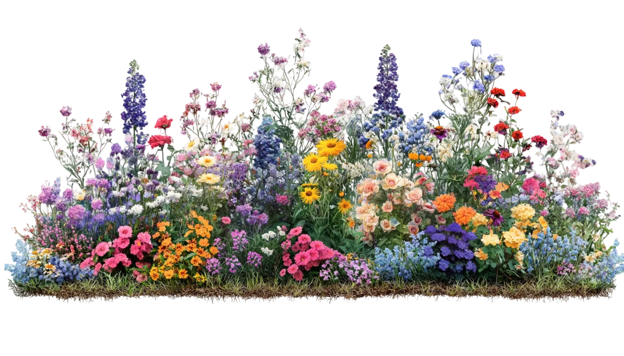 Lush Spring Wildflower Bed and Delphinium Border Free PNG