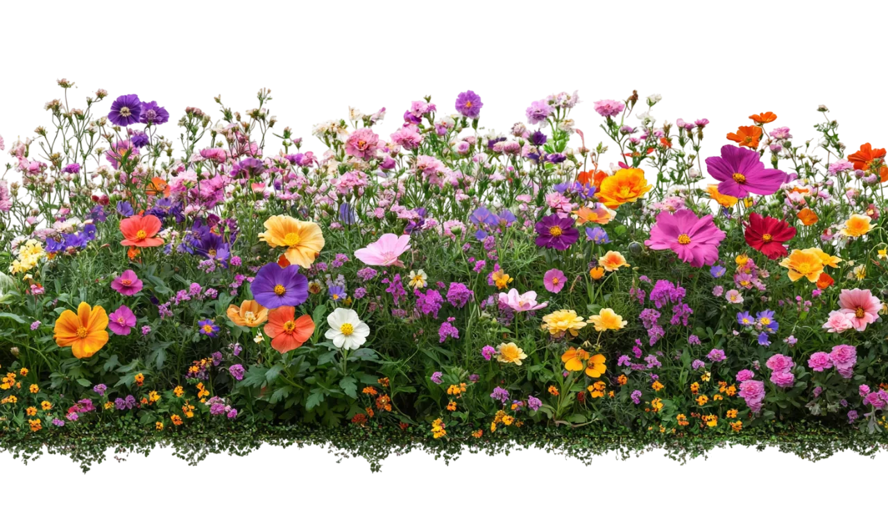 Lush Flower Bed Border with Colorful Perennials Free PNG