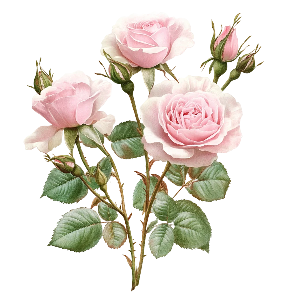Blush Pink Rose Flowers on Branch with Leaves Free PNG