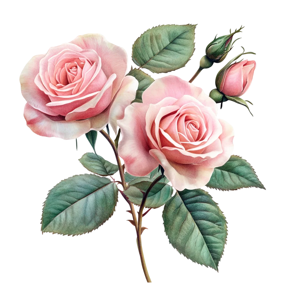 Vintage Pink Garden Roses on Stem with Foliage Free PNG