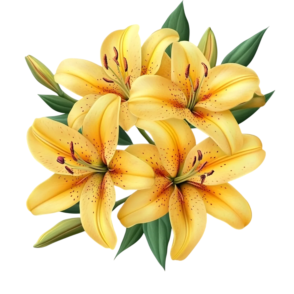 Bright Yellow Lily Flower Cluster with Green Foliage Free PNG