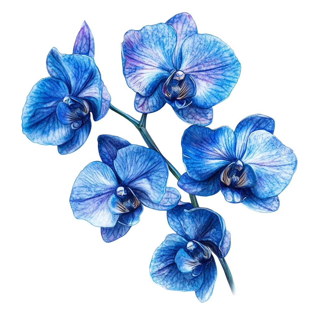Deep Blue Orchid Flower Branch with Blossoms Free PNG