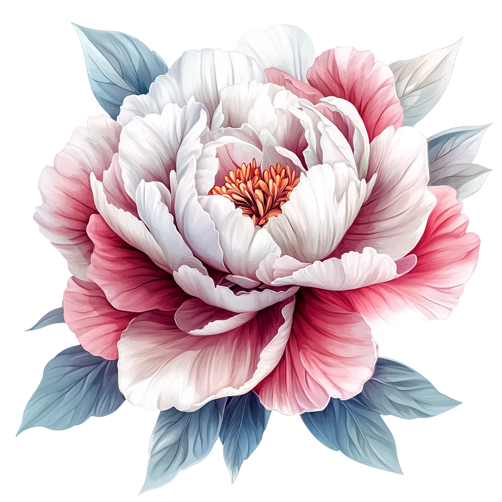 Watercolor Pink Peony Flower Blossom with Leaves Free PNG