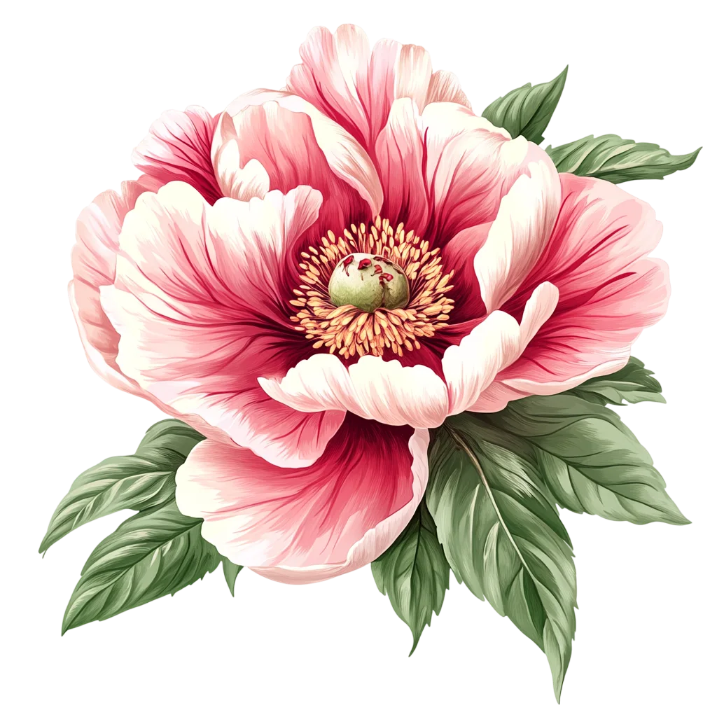 Pink Peony Flower Blossom with Lush Green Leaves Free PNG