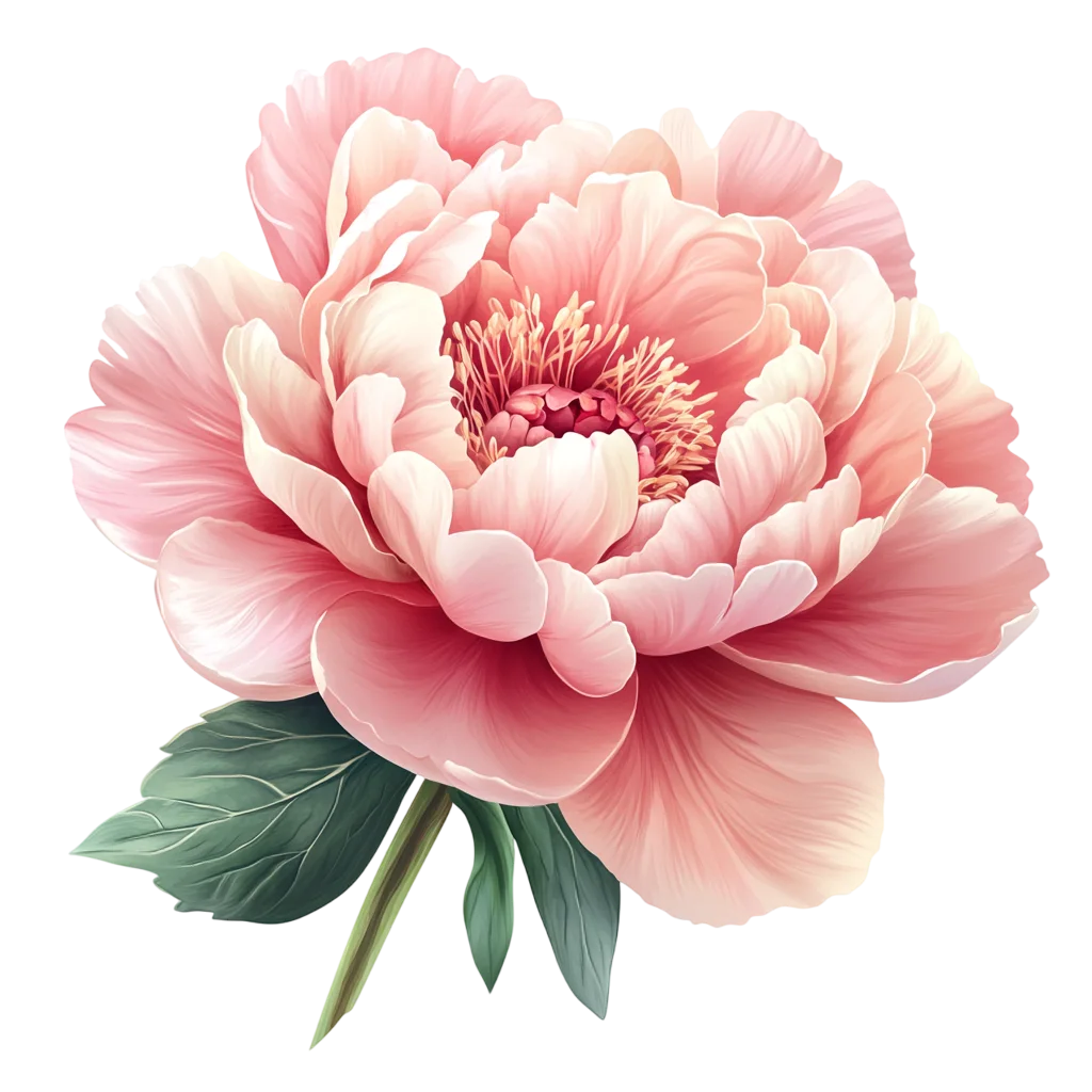 Blooming Pink Peony Flower with Green Leaves Free PNG