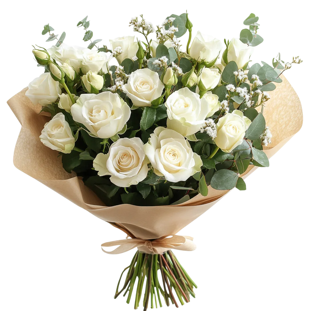 White Rose Bouquet Wrapped in Kraft Brown Paper Free PNG