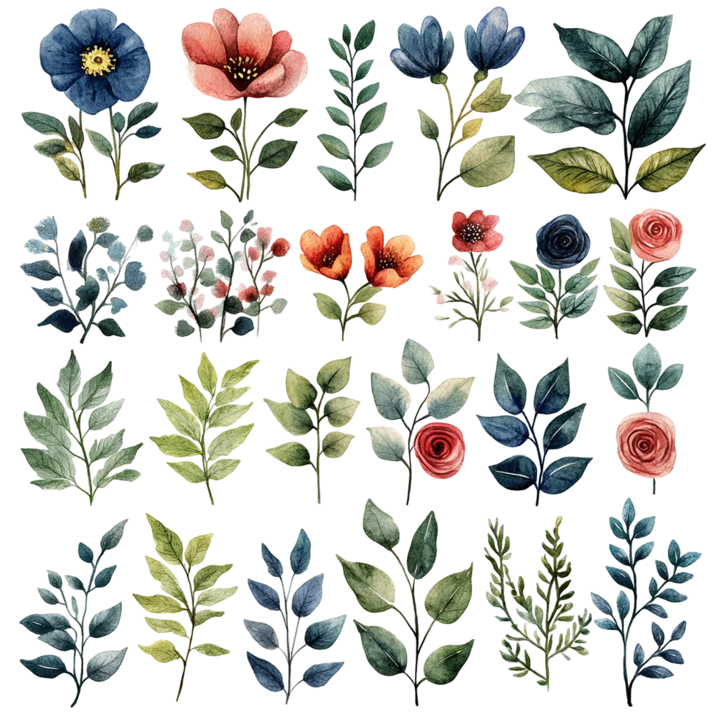 Watercolor Botanical Leaves and Wildflower Elements Free PNG