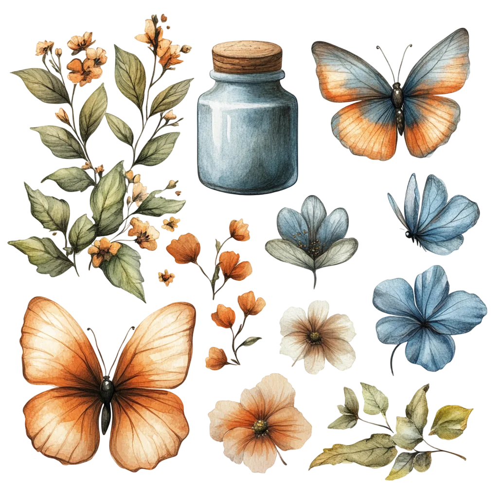 Watercolor Floral Elements with Butterflies Clipart Free PNG