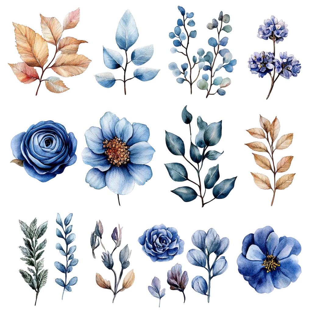 Watercolor Blue and Beige Floral Botanical Clipart Free PNG