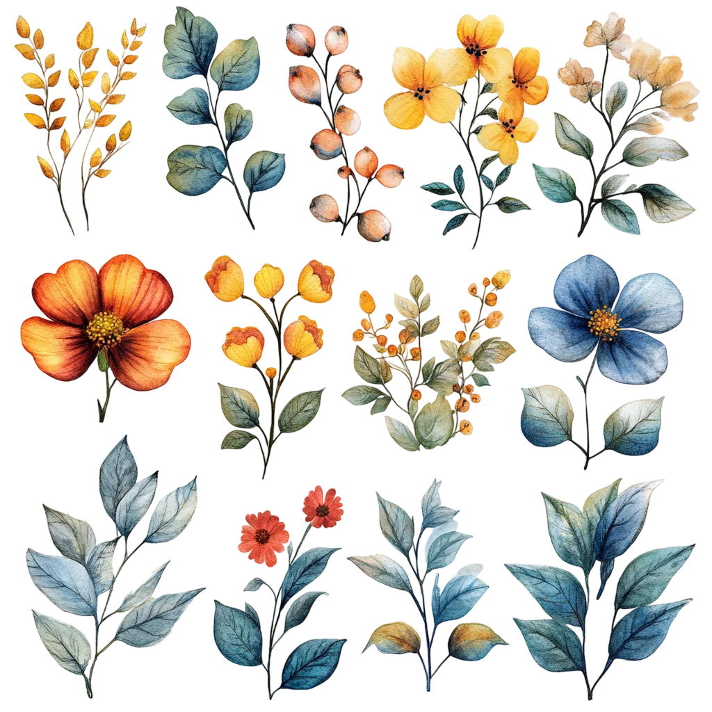 Watercolor Autumn and Blue Wildflowers Clipart Free PNG