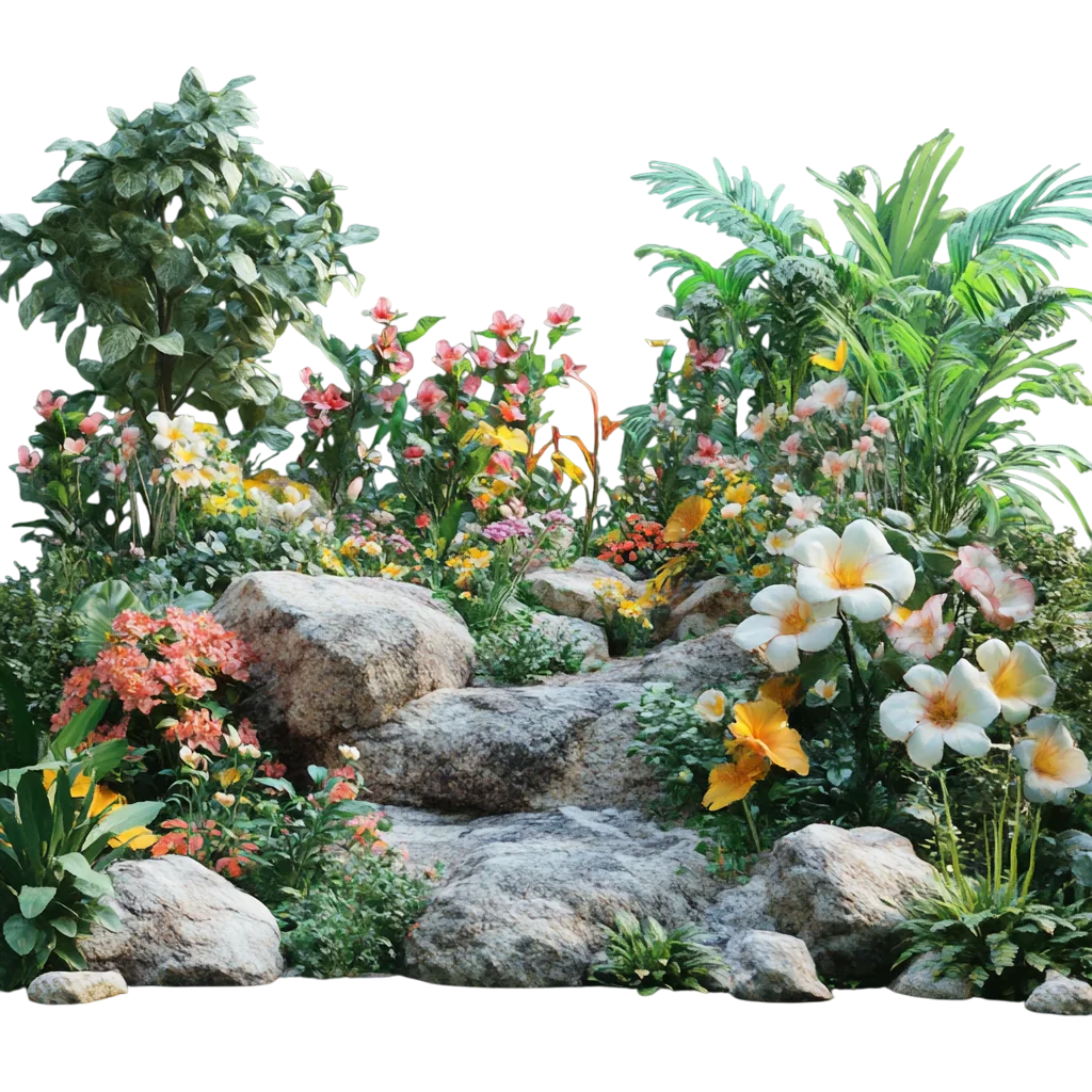 Lush Flower Garden Landscape Rocks and Foliage Free PNG