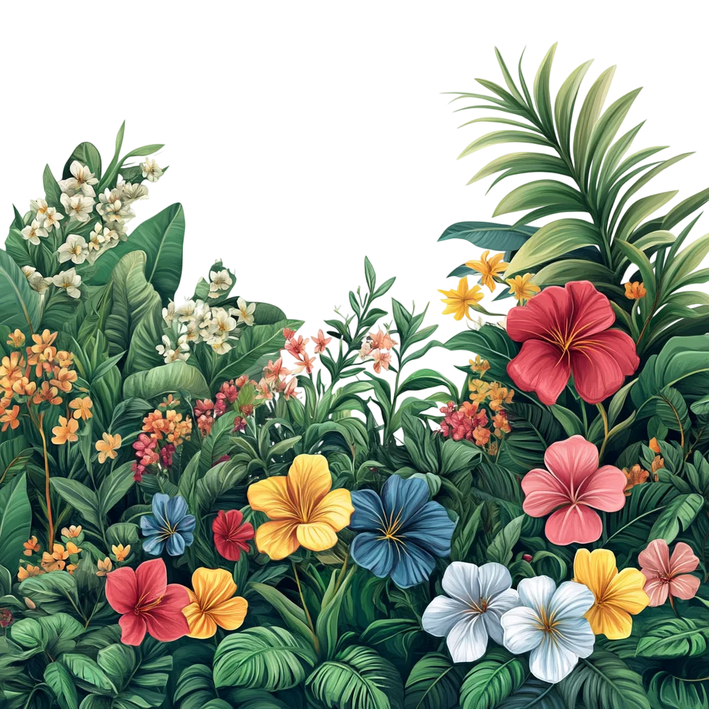Lush Tropical Garden Flowers and Foliage Border Free PNG