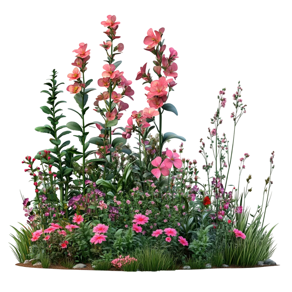 Lush Pink Foxglove and Hollyhock Garden Flower Bed Free PNG