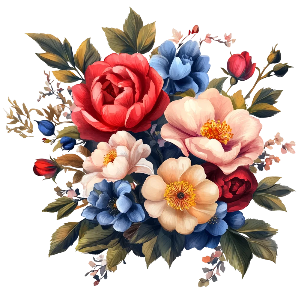 Vibrant Rose and Peony Flower Bouquet Clipart Free PNG