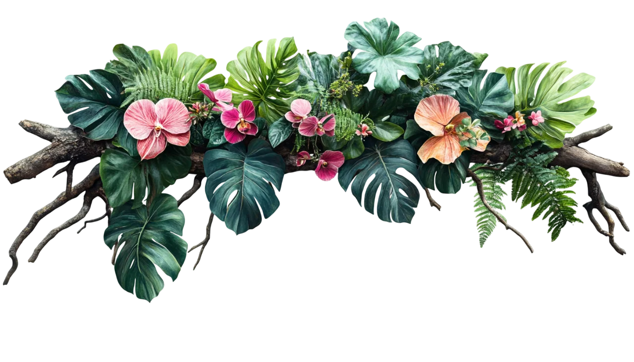 Tropical Leaves and Pink Flower Header Garland Free PNG