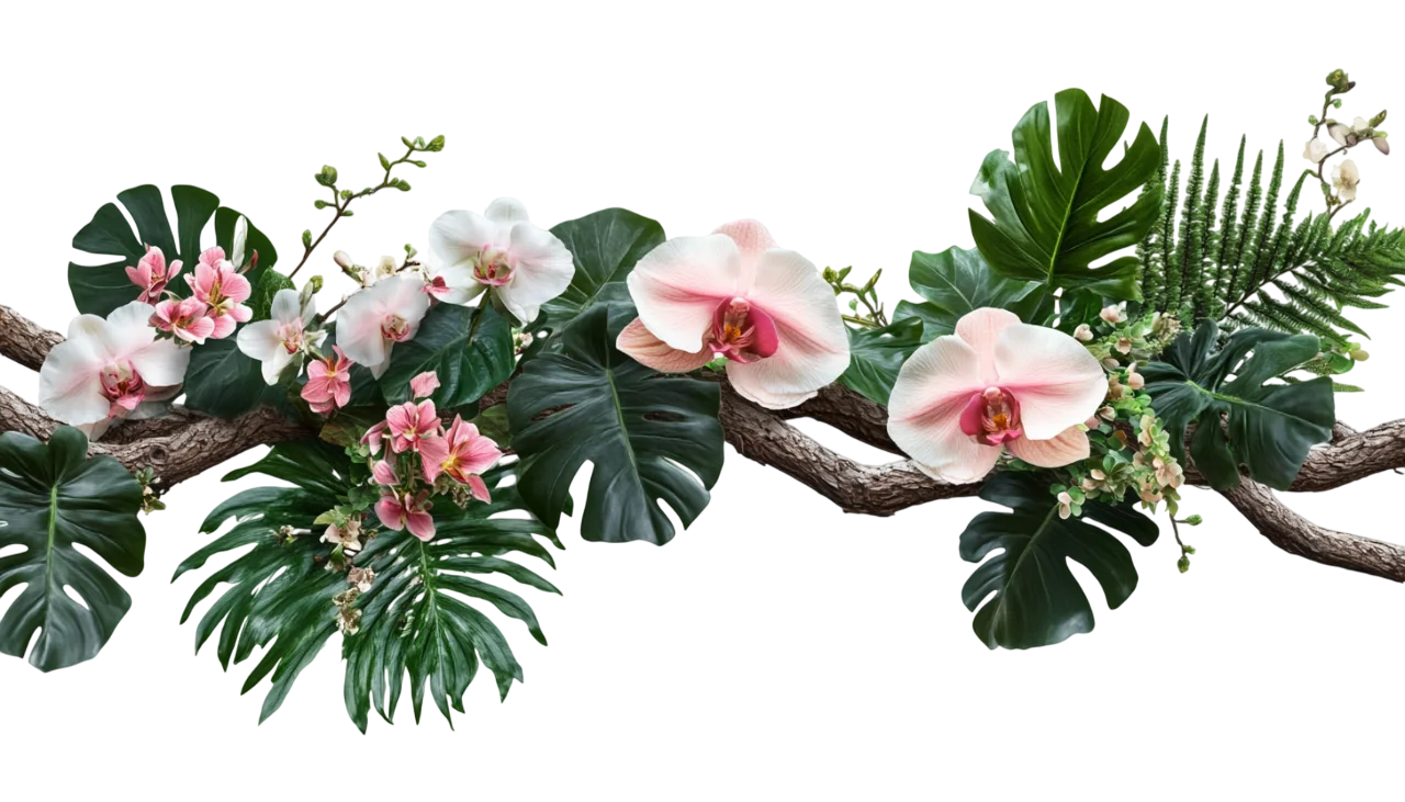 Tropical Palm Branches with White Orchid Flowers Free PNG
