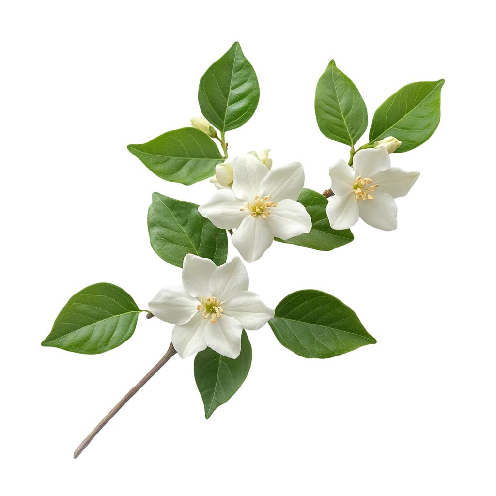 White Jasmine Flower Branch with Green Foliage Free PNG