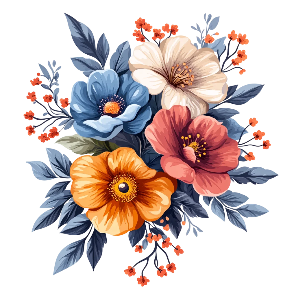 Watercolor Wildflower Bouquet with Blue Leaves Free PNG