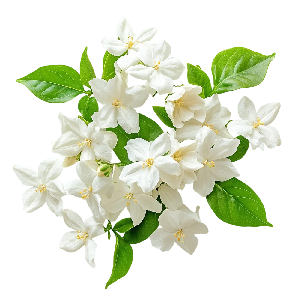 Cluster of Blooming White Jasmine Flowers with Leaves Free PNG