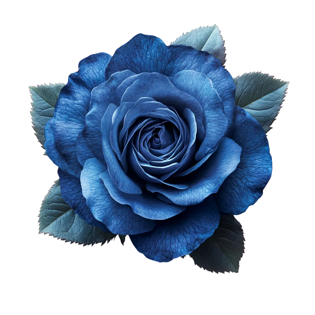 Deep Blue Blooming Rose Head with Leaves Free PNG
