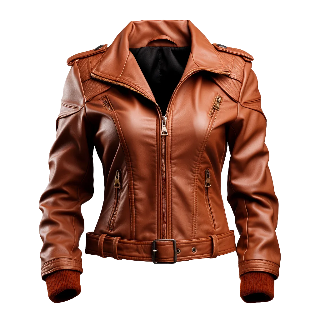 Brown Leather Zip Up Moto Biker Jacket Free PNG