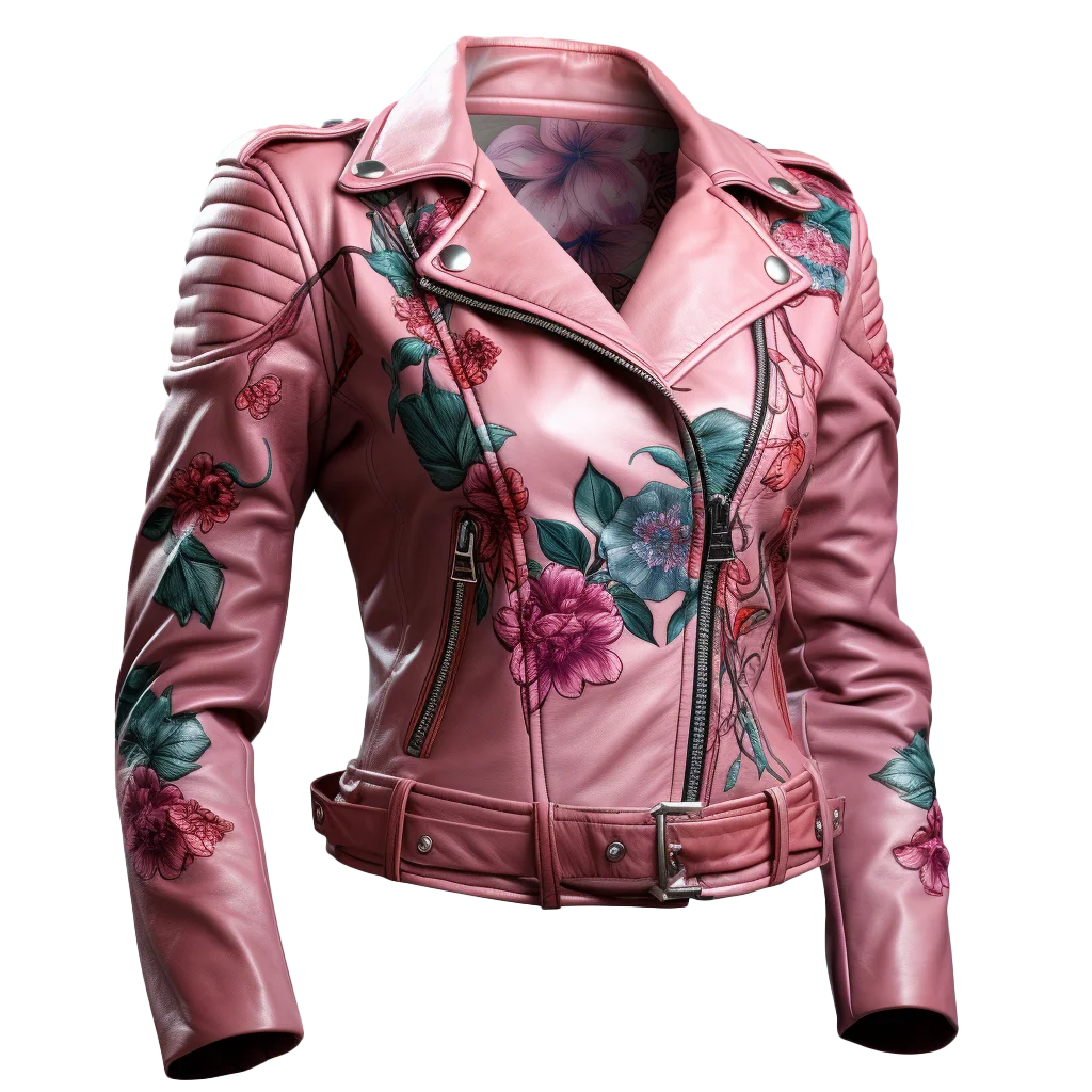 Pink Distressed Leather Floral Moto Jacket Free PNG