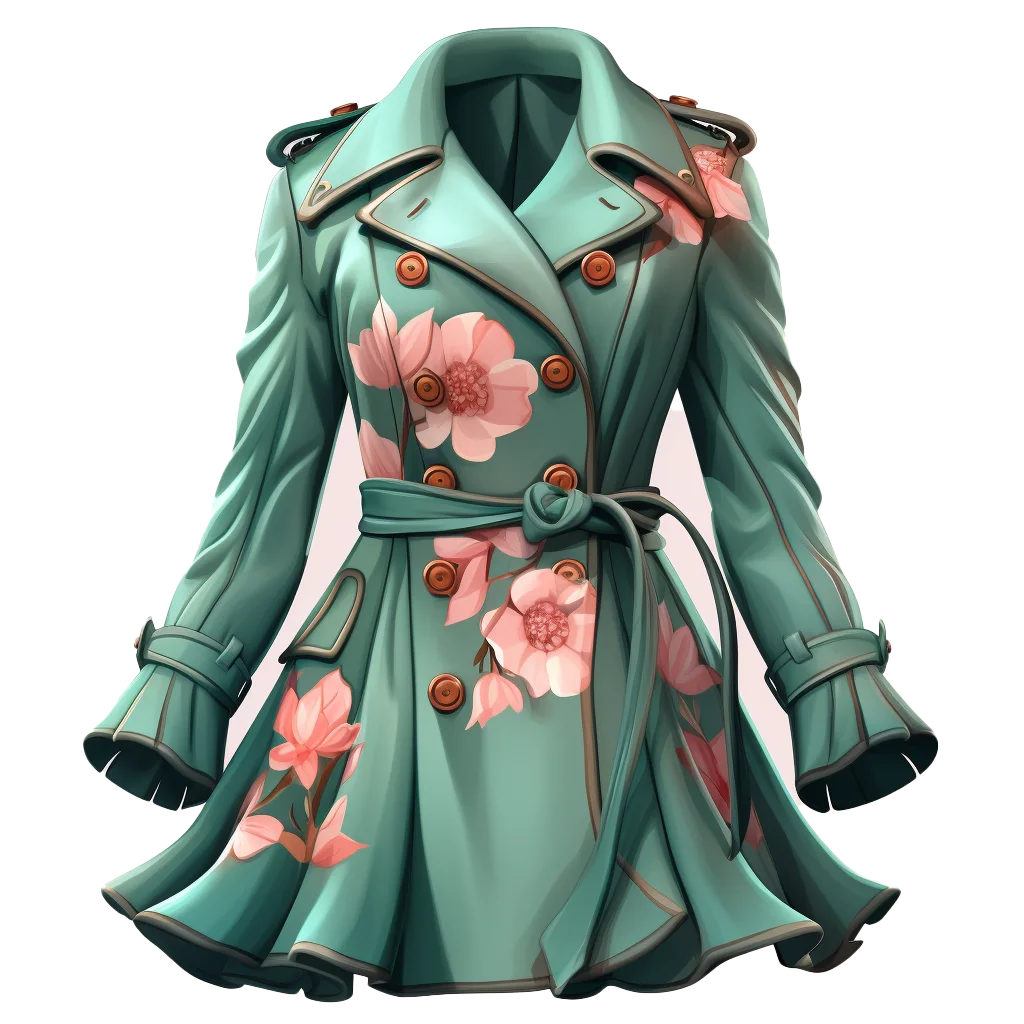 Green Floral Trench Coat with Tie Belt Free PNG