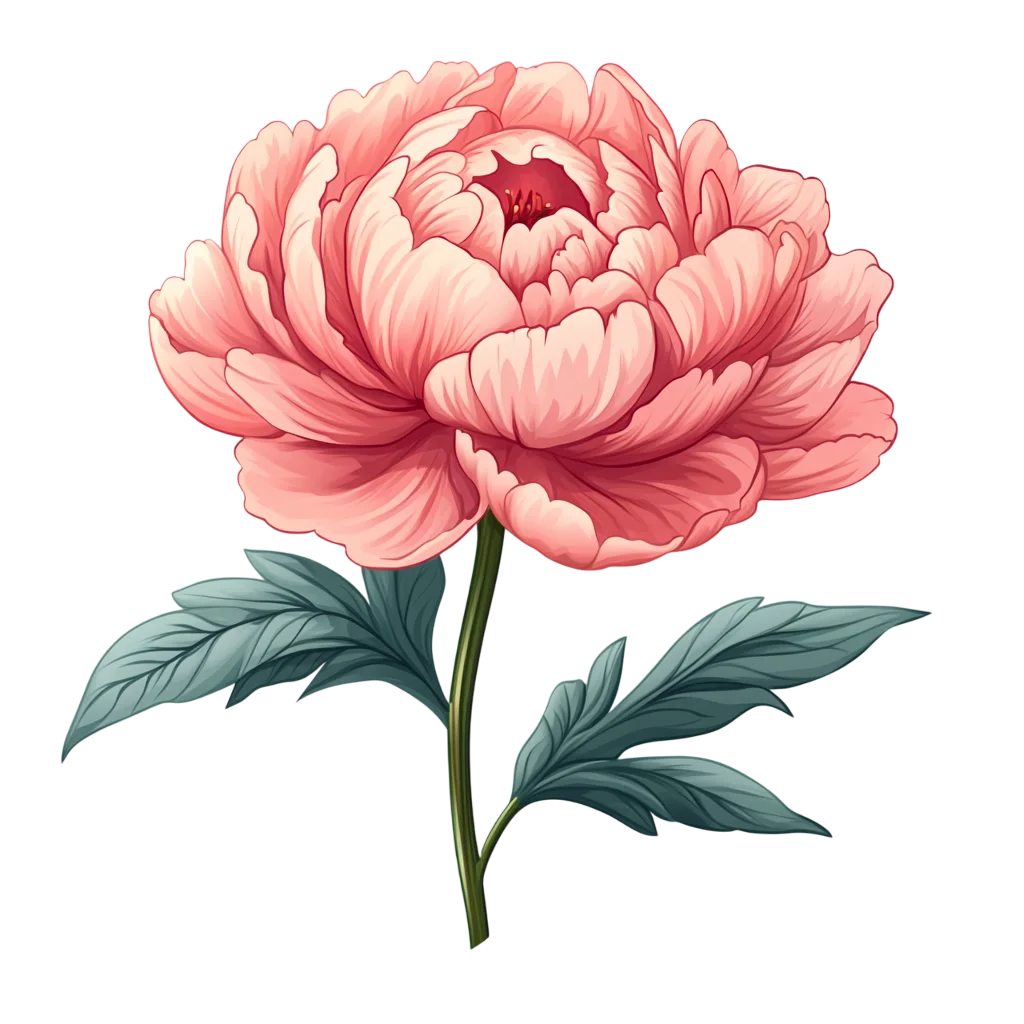 Vintage Pink Peony Flower on Stem with Leaves Free PNG