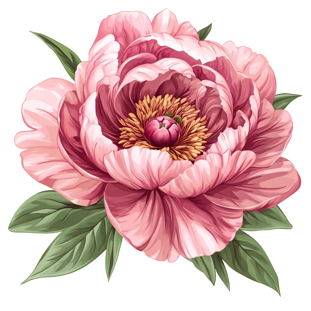 Vintage Watercolor Pink Peony Flower with Leaves Free PNG