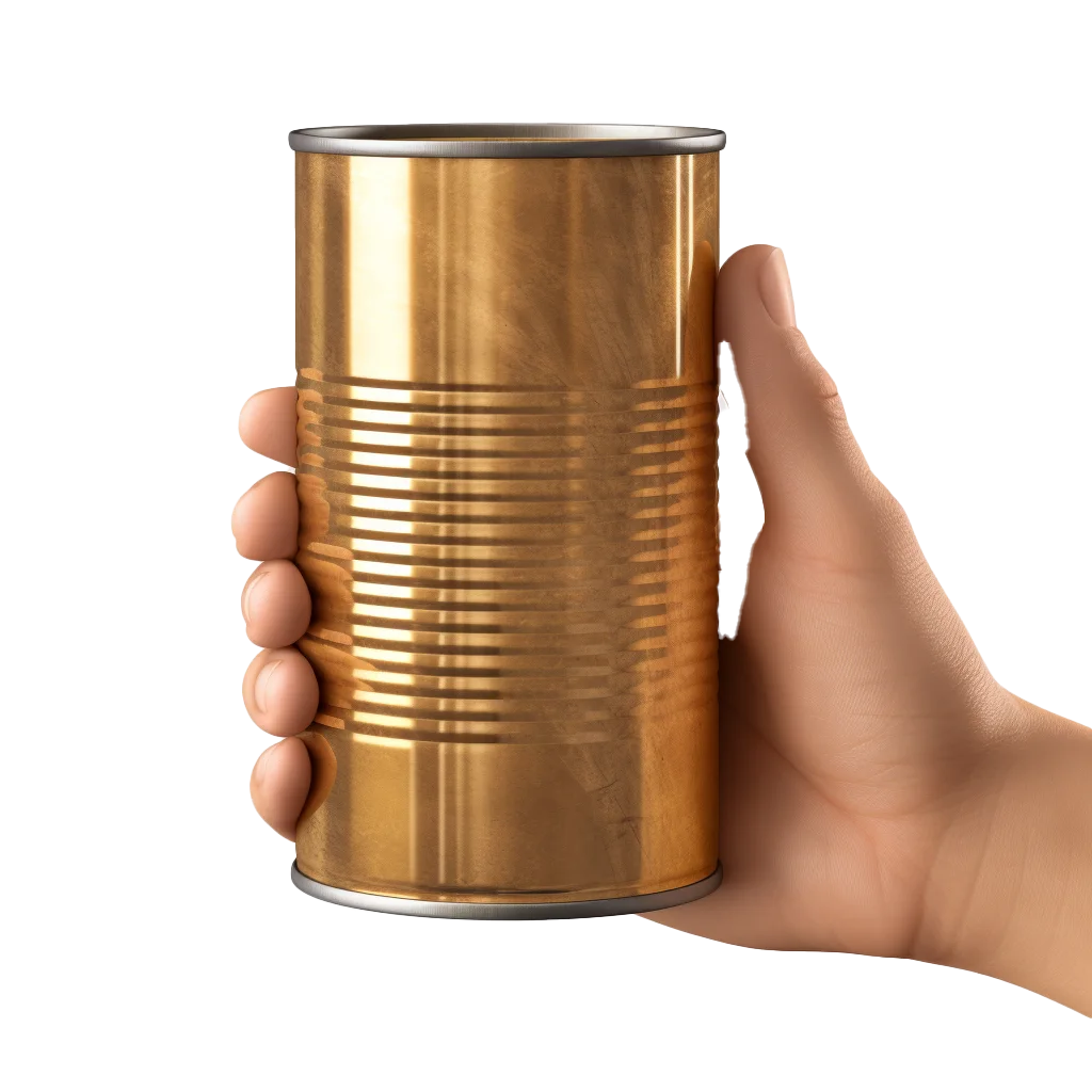 Hand Holding Ribbed Gold Tin Can Food Jar Free PNG
