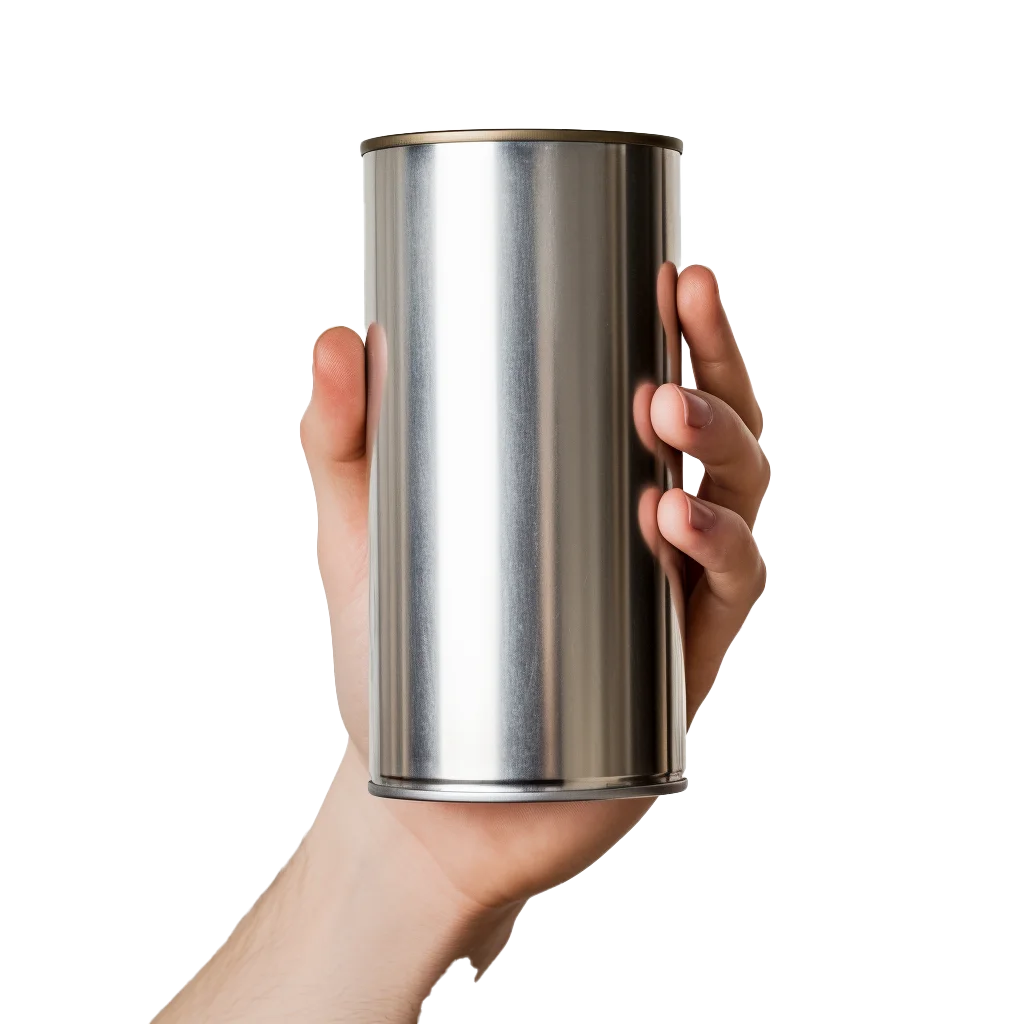 Hand Holding Blank Silver Tin Can Mockup Free PNG