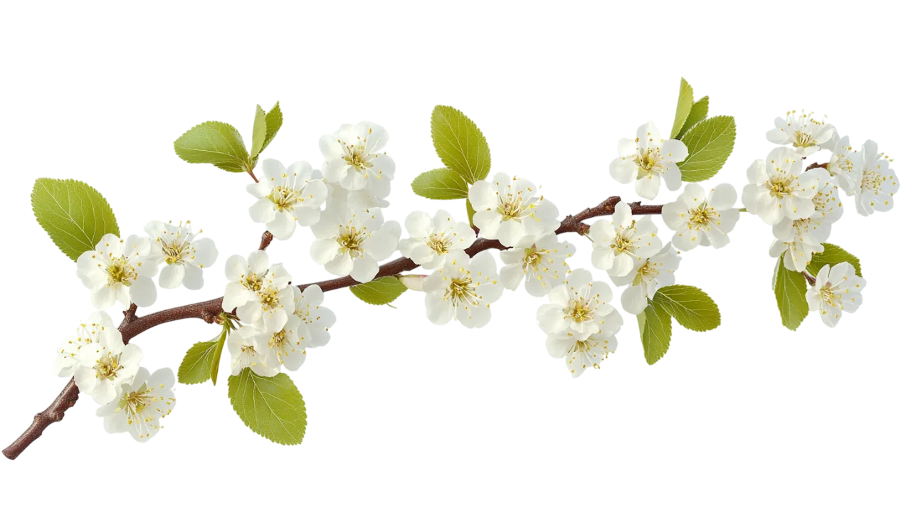 White Apple Blossom Flower Branch with Leaves Free PNG