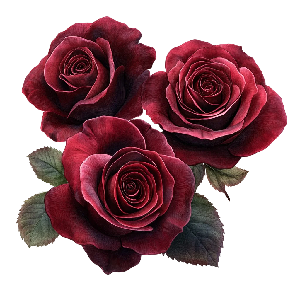 Trio of Dark Red Velvet Rose Flower Blossoms Free PNG