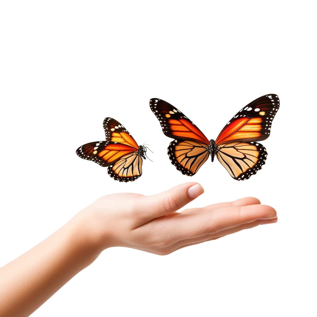 Monarch Butterflies Hovering Over Gentle Hands Free PNG