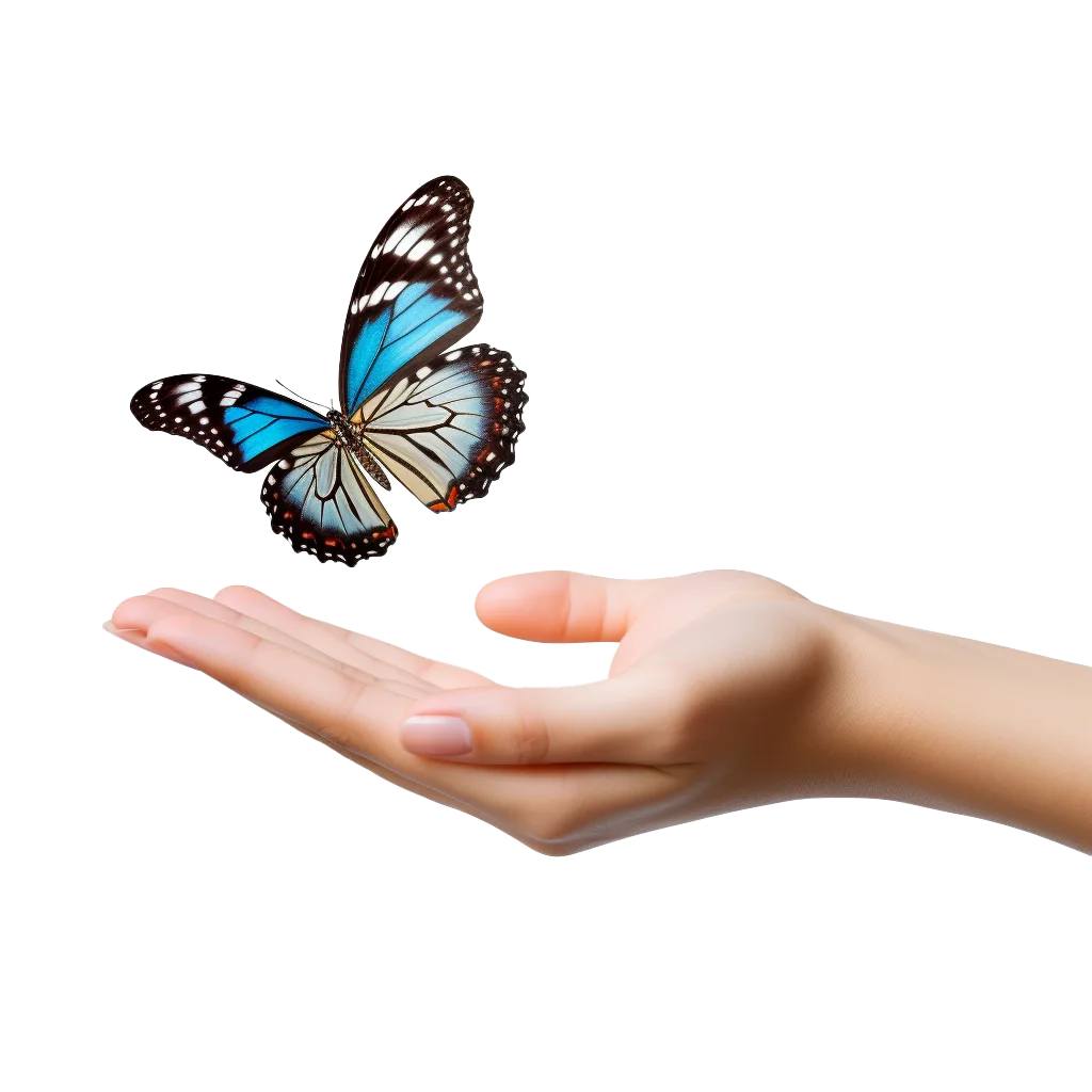 Hand Gently Releasing Blue Butterfly into Air Free PNG