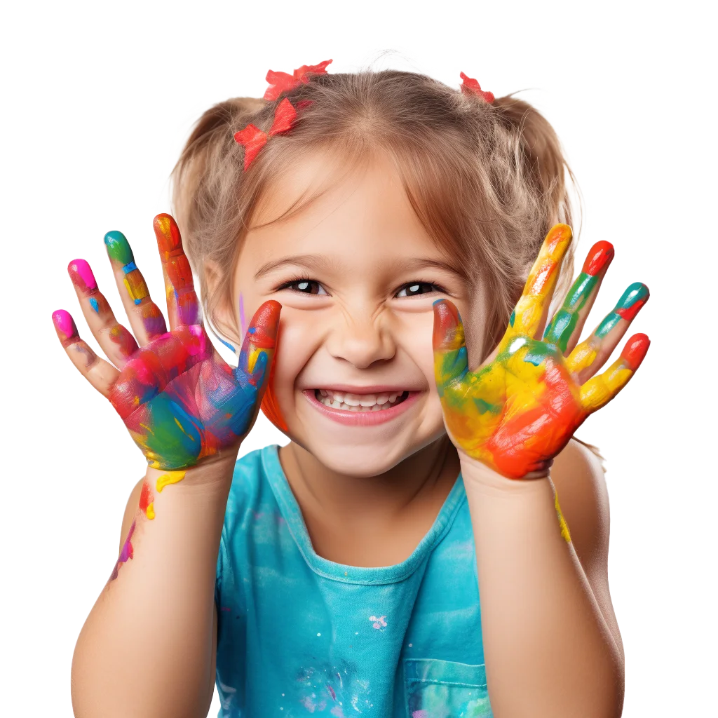 Happy Smiling Young Girl with Painted Hands Art Free PNG