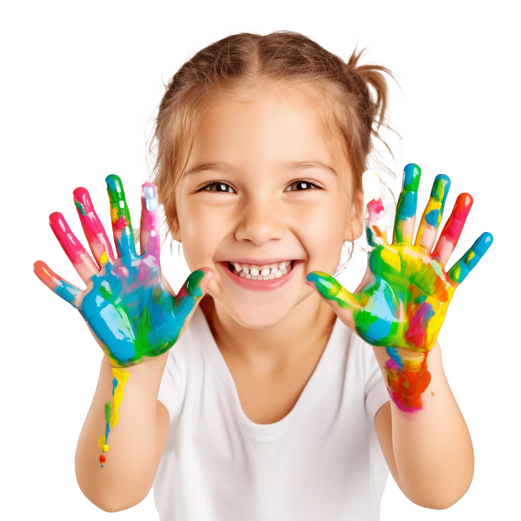 Cute Toddler Girl Showing Colorful Painted Hands Free PNG