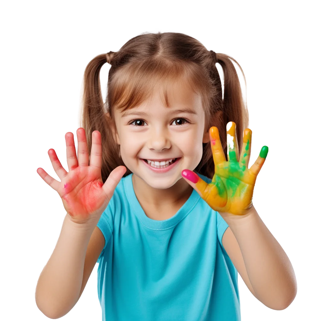 Happy Little Girl with Colorful Painted Hands Free PNG