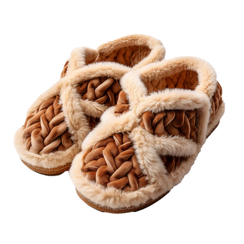Cozy Brown Cross Strap Furry House Slippers Free PNG