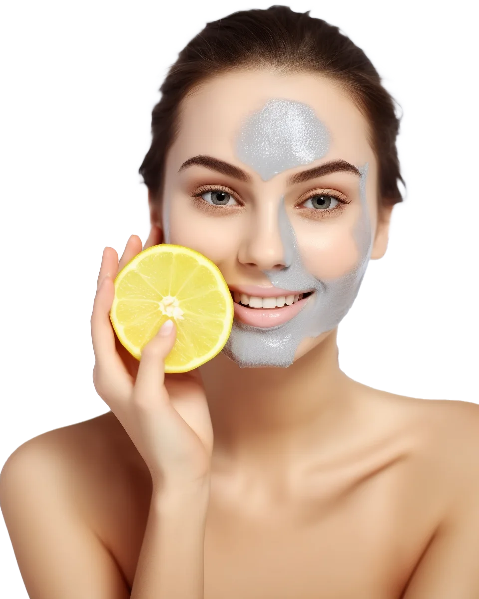 Woman Holding Fresh Lemon with Facial Mud Mask Free PNG