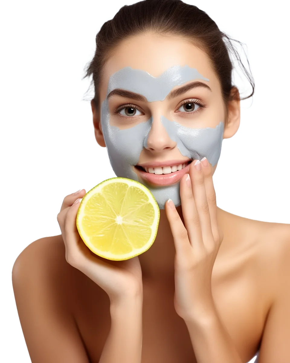 Smiling Woman with Clay Face Mask and Lemon Slice Free PNG